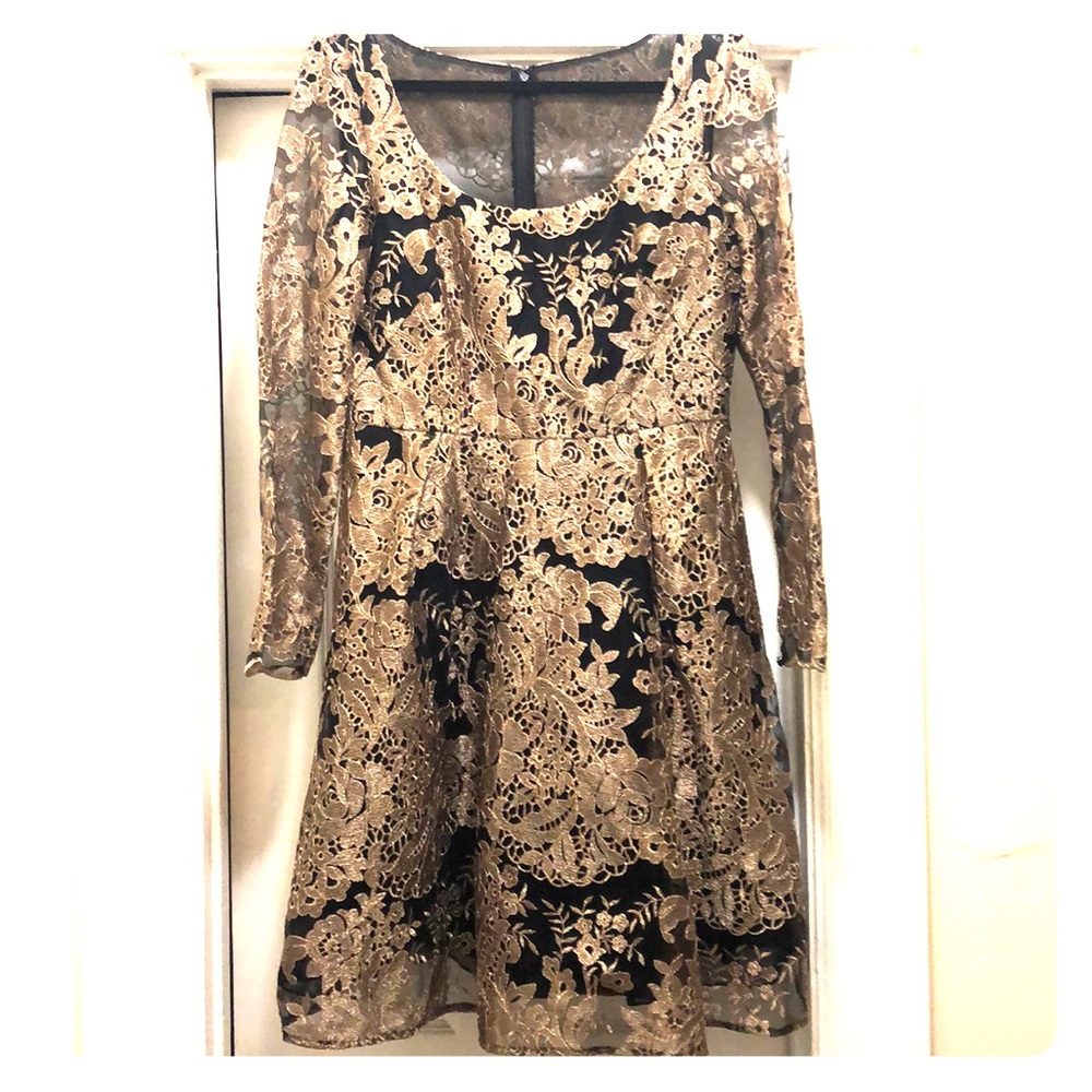 Marchesa Notte lace black gold cocktail dress